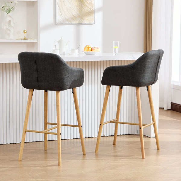 English Elm Modern Linen Upholstered Barstools with Oak Legs Armrests and Footrest for Kitchen Islands Black W395P396317