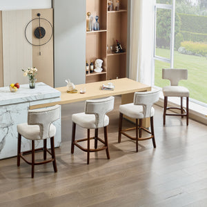 English Elm Mid Curved Backrest Bar Stools Set of 2 with Copper Nail Trim, High-Density Foam & Walnut Legs Beige W1143P296347