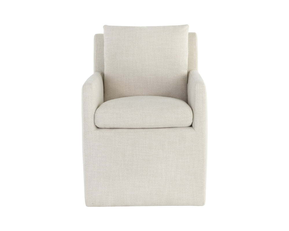 Sunpan Glenrose Elegant Wheeled Dining Armchair - Classic Comfort with Feather-Filled Cushions for Style Effie Linen