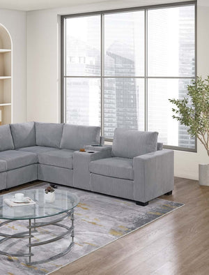 English Elm Modern 4-Piece Corduroy L-Shaped Sectional Sofa with Console, Cup Holders, USB Port, Plush Seating Light Gray 53.5 L x 39 W x 27 H B011S01753