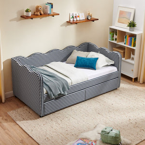 English Elm Twin Gingham Linen Daybed with Wave Silhouette Usb Port and Dual Storage Drawers Navy W1413S00144