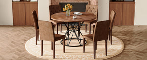 English Elm Table and Chair Set Walnut Round 47 Inch Seats 6 with Tufted Suede Dining Chairs W1151S04854