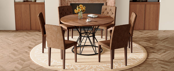 English Elm Table and Chair Set Walnut Round 47 Inch Seats 6 with Tufted Suede Dining Chairs W1151S04854