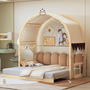 English Elm Twin Pinewood Ground-Level Canopy Bed with Arched Roof and Trundle for Kids—Whimsical, Sturdy Design Natural N820P181648N