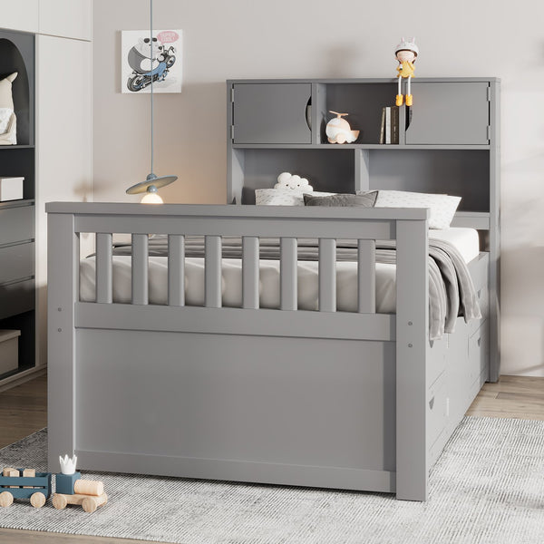 English Elm Twin Captain Platform Bed with Bookcase Headboard Four Drawers Pine Mdf Frame Gray GX001828AAE-1