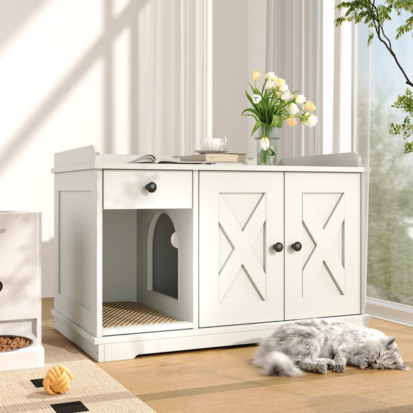 English Elm GO Cat Litter Box Enclosure with Storage Drawer & Mat, Farmhouse White Indoor Cat House Side Table N704P265258K