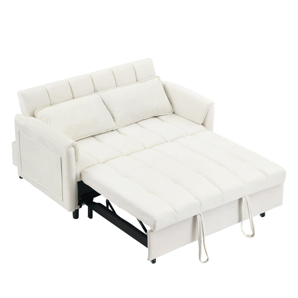 English Elm 52 Beige Modern Velvet Sofa Pullout Bed, 3-in-1 Convertible 52" Loveseat for Small Spaces, Pillows & Storage Pockets W1658P266333