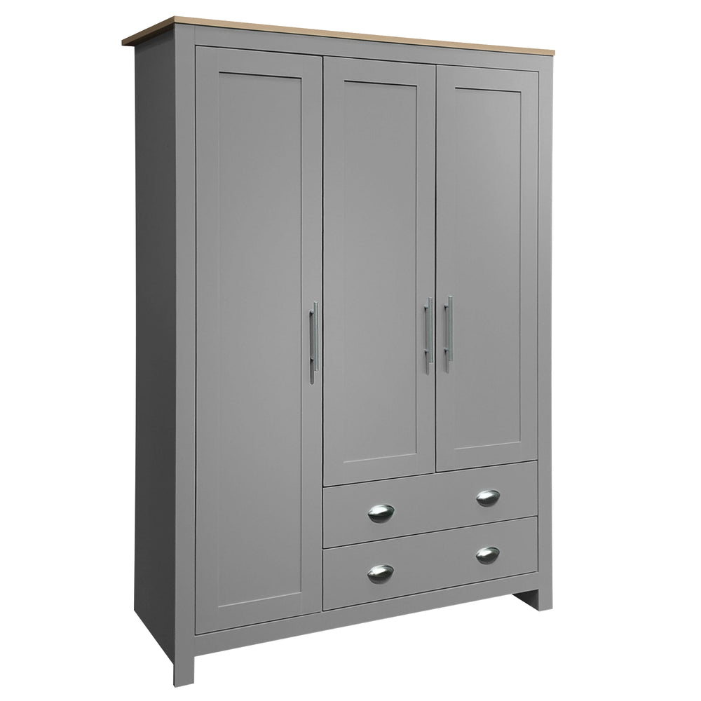 English Elm Three Door Pine Wardrobe with Two Drawers & Dual Hanging Rods, Gray Storage Armoire for Closet Organization, Sturdy MDF Build GX001834AAE