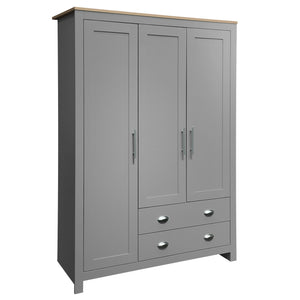 English Elm Three Door Pine Wardrobe with Two Drawers & Dual Hanging Rods, Gray Storage Armoire for Closet Organization, Sturdy MDF Build GX001834AAE