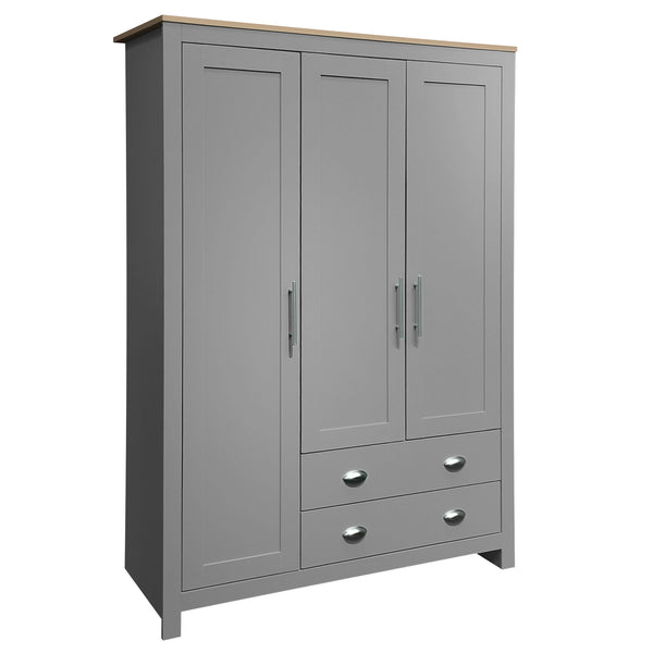 English Elm Three Door Pine Wardrobe with Two Drawers & Dual Hanging Rods, Gray Storage Armoire for Closet Organization, Sturdy MDF Build GX001834AAE