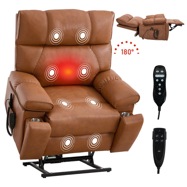 English Elm Orange Leatheraire Dual Motor Power Lift Recliner with Massage Heat and Lumbar W1803P340283