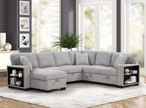 English Elm Cairo Modern Sectional Sofa With Pullout Sleeper, Storage, Usb Ports & Bookcase Armrests In Gray B009S01663
