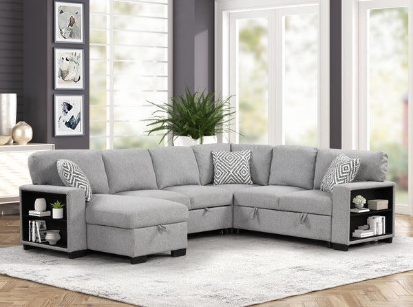 English Elm Cairo Modern Sectional Sofa With Pullout Sleeper, Storage, Usb Ports & Bookcase Armrests In Gray B009S01663