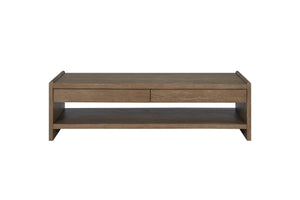 English Elm Wood Top 2 Drawer Cocktail Table Cocoa - Rustic-Contemporary Solid Wood, Soft-Close Drawers & Shelf B2699P323118