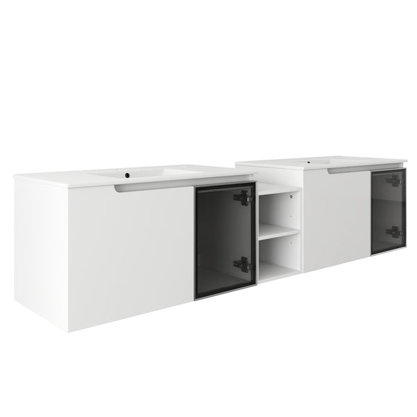 English Elm 72" Floating Double Bathroom Vanity Plywood Cabinet Ceramic Sinks Soft Close Doors W999S00533