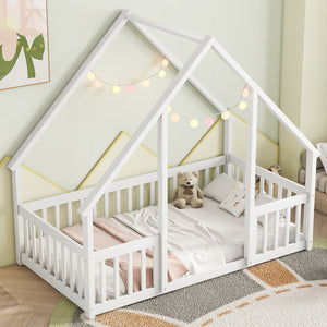 English Elm Twin Wood House-Shaped Floor Bed with Fence and Guardrails – Playful Pine Frame for Imaginative Kids Retreat White W504P143290