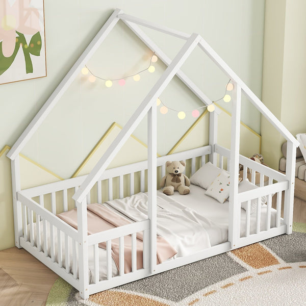 English Elm Twin Wood House-Shaped Floor Bed with Fence and Guardrails – Playful Pine Frame for Imaginative Kids Retreat White W504P143290