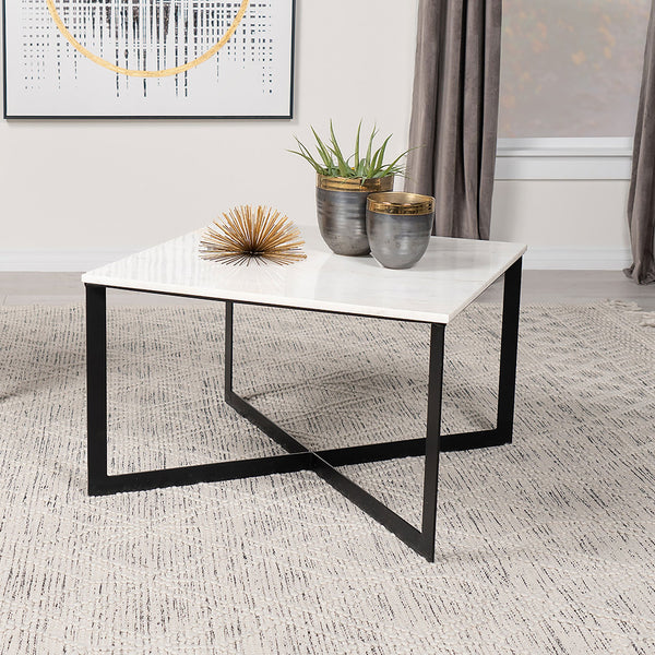 English Elm Volz Genuine Marble Top Square Coffee Table with Sculptural Iron Base for Living Rooms B062P451806
