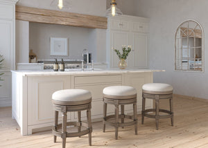 English Elm 26in. Faux Leather Swivel Barstool Nailhead Trim Carved Wood Counter Height Kitchen Gray B2751P436440