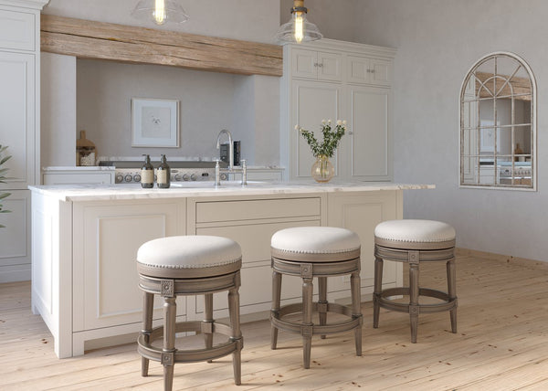 English Elm 26in. Faux Leather Swivel Barstool Nailhead Trim Carved Wood Counter Height Kitchen Gray B2751P436440