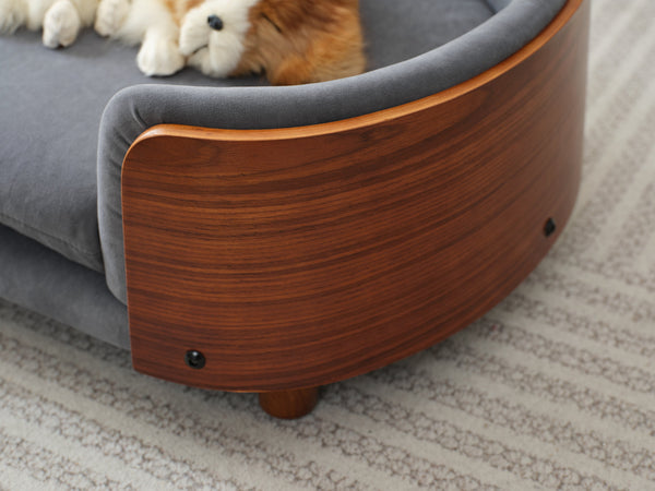 English Elm Scandinavian Mid-century Pet Sofa with Walnut Bentwood Back and Navy Velvet Cushion Dark Grey W794125938