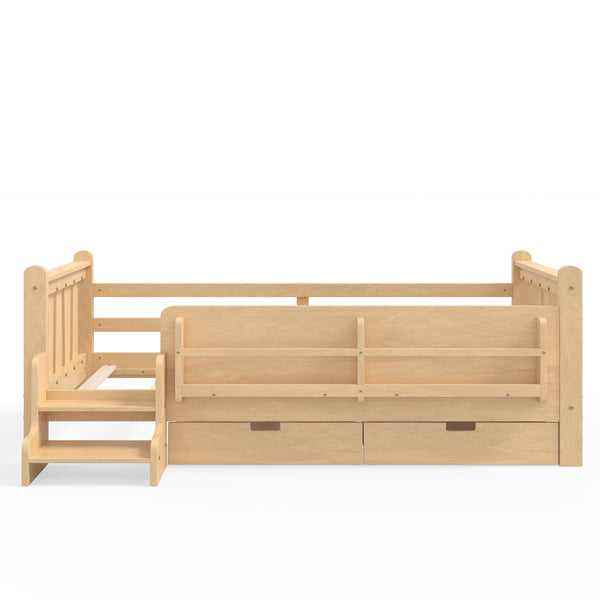 English Elm Twin Pine Floor Bed with Guardrails Built-in Bookcases and Stair Steps for Kids Light Natural W1580P430201