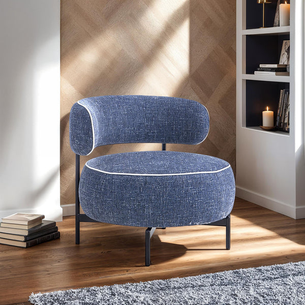 English Elm Contemporary Swivel Chair with Curved Backrest and Metal Legs, Blue Fabric, Contrast Welt Accent Dark Blue 37 L x 32 W x 12 H B2741P390562