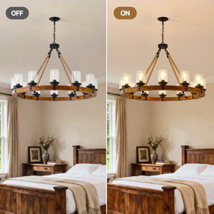 English Elm 12-light Wagon Wheel Chandelier Solid Wood Frame Seeded Glass Farmhouse Pendant W5008P390674