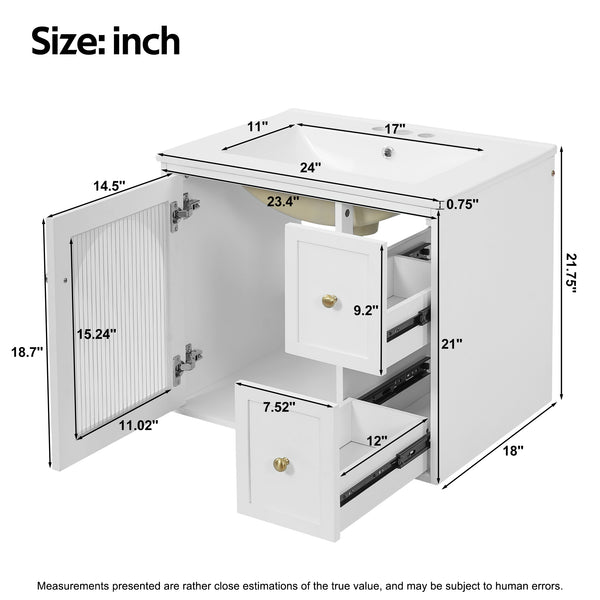 English Elm 24" Floating Bathroom Vanity with Ceramic Sink Two Drawers White Mdf Cabinet N710P286704K