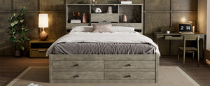 English Elm Queen Platform Bed with Built-In Headboard Storage and 8 Drawers, Solid Wood MDF, Sturdy Design Gray GX000453AAE