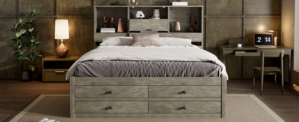 English Elm Queen Platform Bed with Built-In Headboard Storage and 8 Drawers, Solid Wood MDF, Sturdy Design Gray GX000453AAE