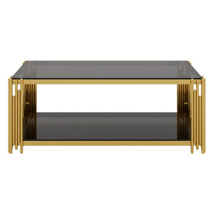 English Elm Modern Glam Rectangular Coffee Table with Mirrored Top Gold Sculptural Frame Open Shelf Black N735P380099B
