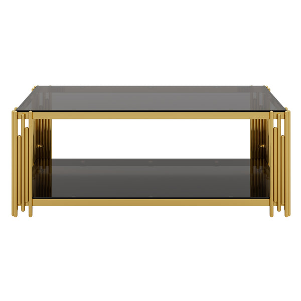 English Elm Modern Glam Rectangular Coffee Table with Mirrored Top Gold Sculptural Frame Open Shelf Black N735P380099B