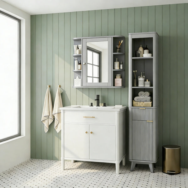 English Elm Bathroom Wall Cabinet with Mirror Door Open Shelving and Adjustable Interior Storage Gray N817P375228G