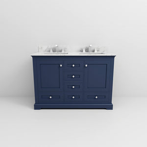 English Elm Navy Double Bath Vanity 48" W x 22" D with Carrara Marble Top, Soft-Close Storage & Chrome Faucet Set B2731P258333