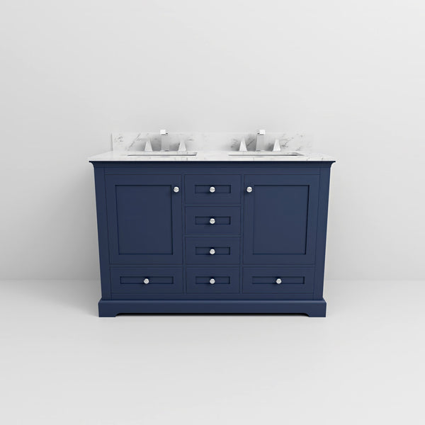 English Elm Navy Double Bath Vanity 48" W x 22" D with Carrara Marble Top, Soft-Close Storage & Chrome Faucet Set B2731P258333