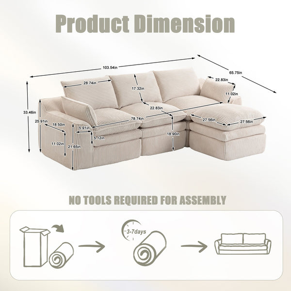 English Elm L Shaped Corduroy Modular Sectional with Cloud Cushions Footstool and Lumbar Pillows Beige W395S00141