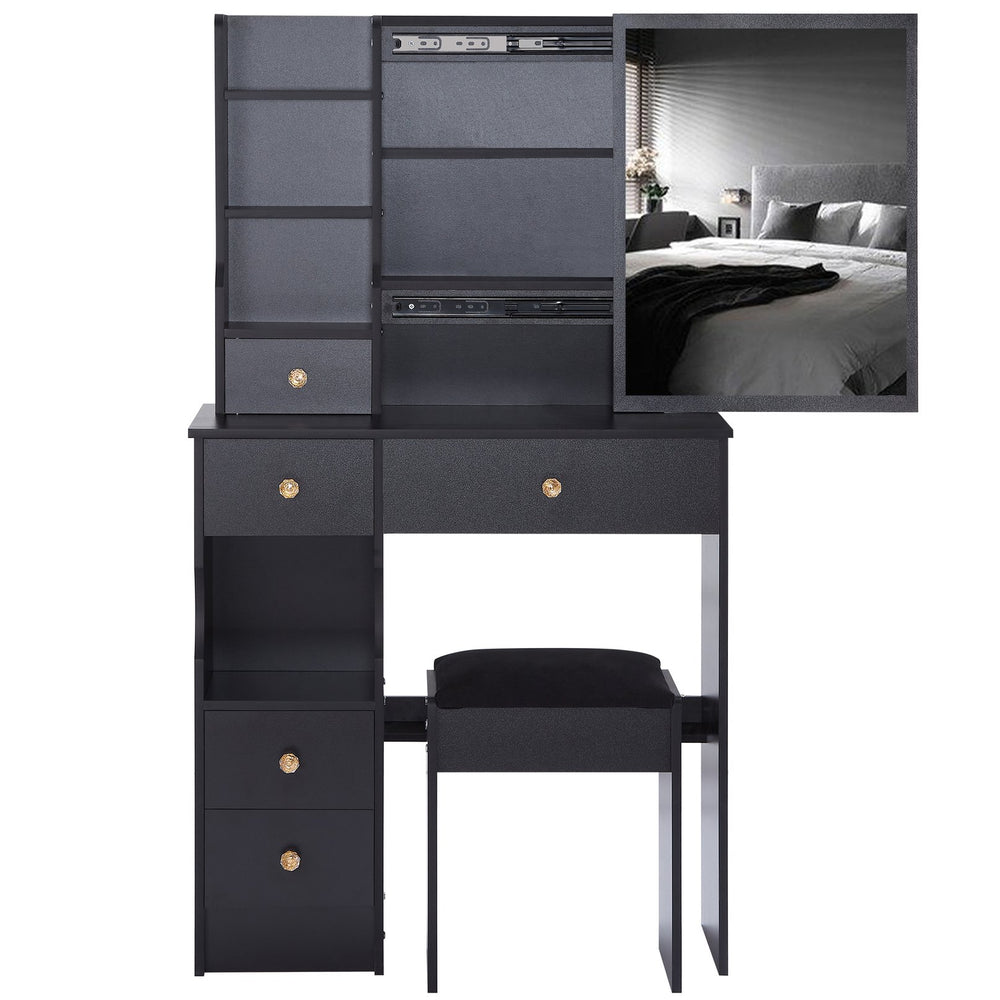 English Elm 29.2" Compact Vanity Table Set With Cushioned Stool & Sliding Mirror - Stylish Storage For Small Spaces W936P202257