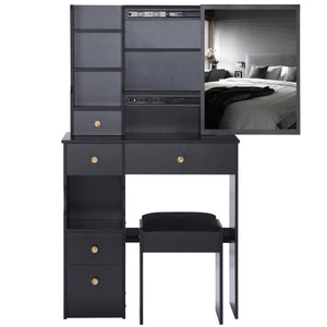 English Elm 29.2" Compact Vanity Table Set With Cushioned Stool & Sliding Mirror - Stylish Storage For Small Spaces W936P202257