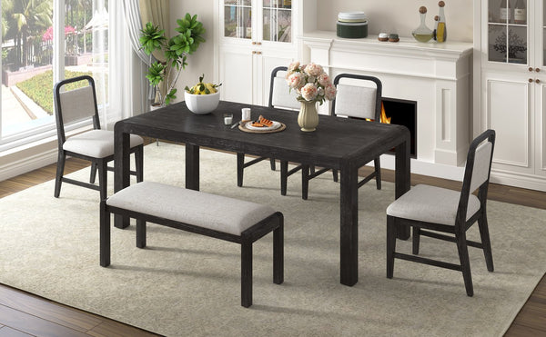 English Elm Trexm Rustic Oak Extendable Dining Set with Upholstered Chairs Bench Seats 6 Espresso ST000154AAP