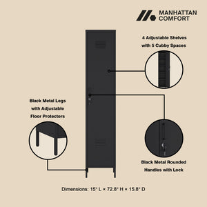 English Elm Naomi 15" Metal Storage Cabinet with Lockable Vent Door, 4 Adjustable Shelves, Slim Steel Design Black B365P397855