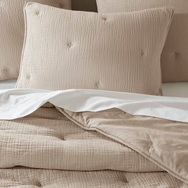 JLA Home Harbor House Blue - Cotton Crinkled Muslin Quilted Set with Embroidered Tacking, Lightweight 250gsm Fill, OEKO‑TEX Certified Taupe HH13-1887