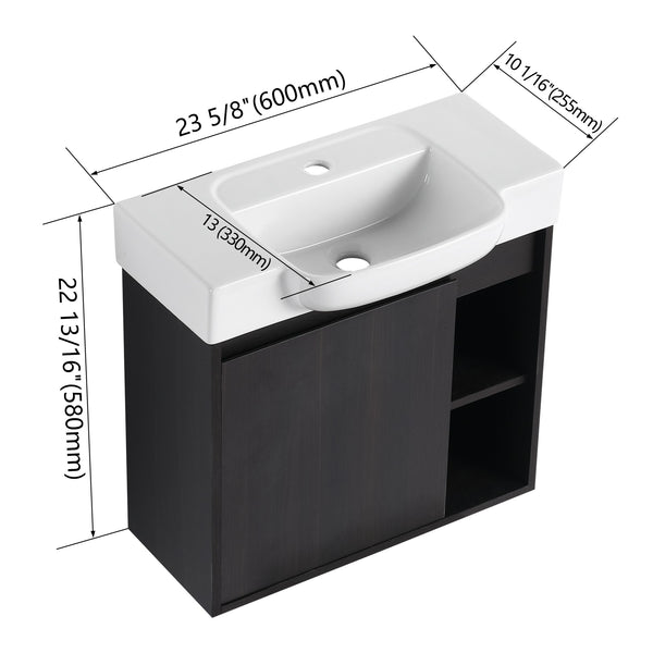 English Elm 24'' Floating Wall Mounted Bathroom Vanity with Ceramic Sink and Soft Close Cabinet Dark Oak W999P426634