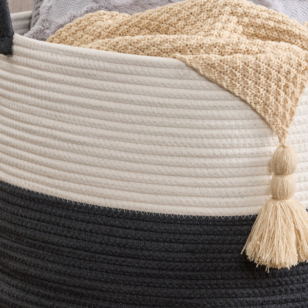 English Elm Cotton Round Laundry & Storage Basket with Sturdy Handles 21.7"x13" Spacious Neutral Two-Tone Design Gray,White B093P295078