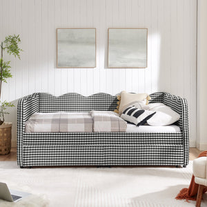 English Elm Full Size Gingham Linen Daybed with Wave Backrest Trundle and Usb Charging Port Black W1413S00154