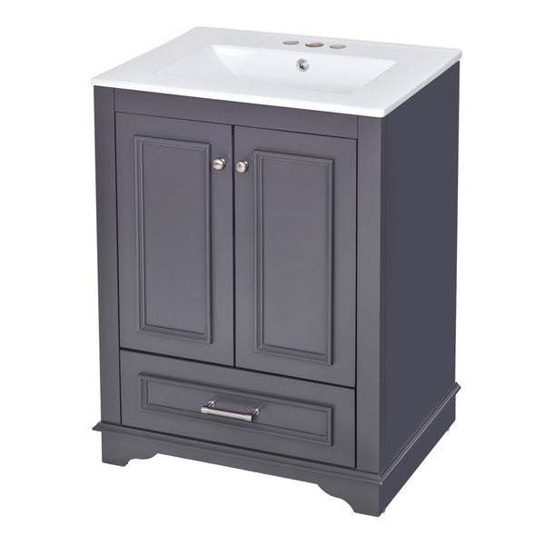 English Elm 24'' Bathroom Vanity with Ceramic Sink Combo Modern Freestanding MDF Cabinet with Soft-Close Doors and Sleek Silver Handles for Spacious Organized Bathroom Storage Blue Gray N710P194893C