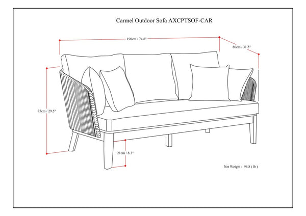 English Elm Carmel Outdoor Sofa Sand Drift - Handcrafted Acacia & Powder-Coated Aluminum, Rope Weave, Water-Resistant Cushions B136P159392