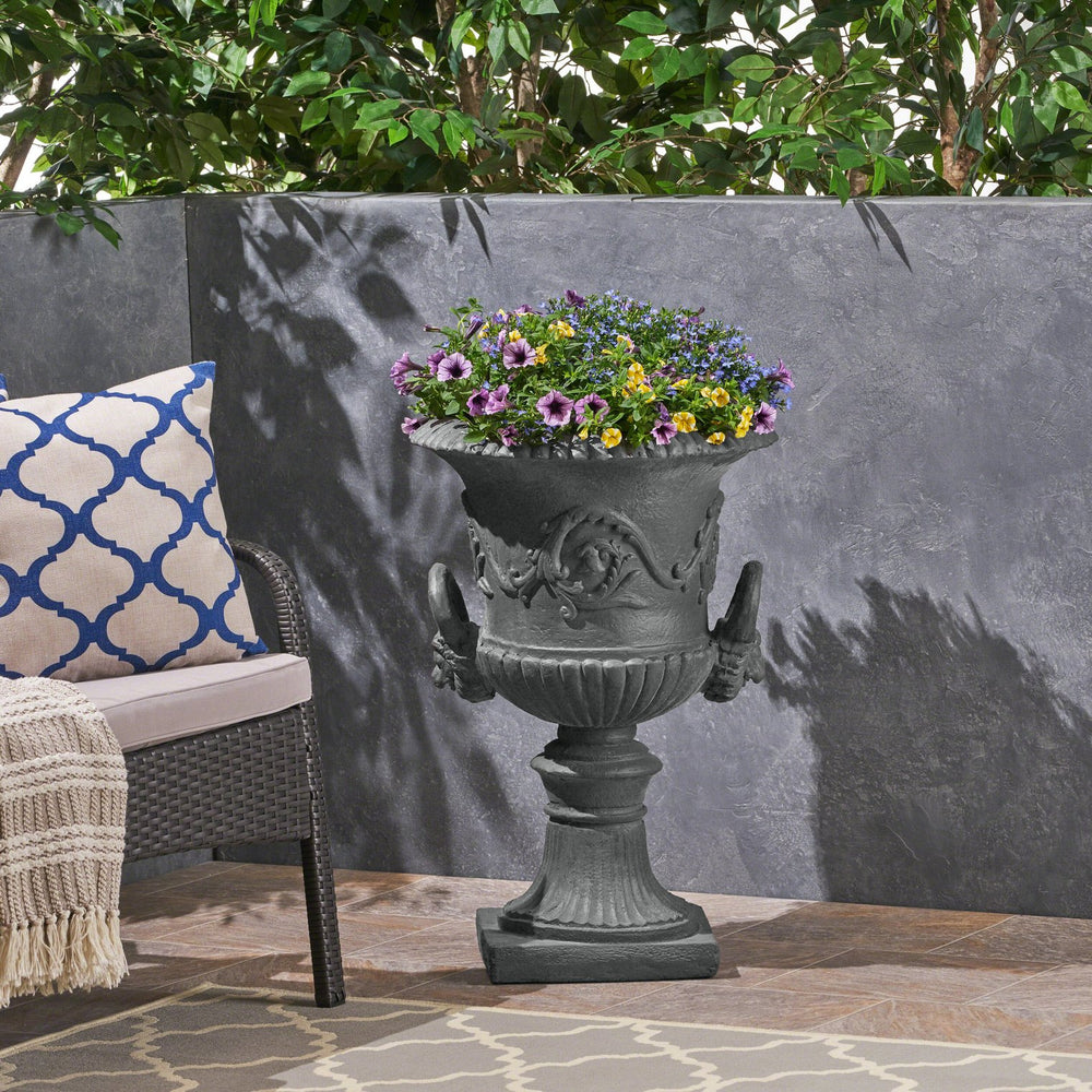 English Elm Mgo Roman Urn Planter Faux Stone Botanical Relief Pedestal Base Outdoor Patio 63402.00GRY