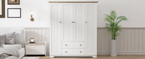 English Elm 4 Door Wardrobe Armoire Closet with 2 Drawers Rustic Pine & MDF Storage Cabinet with Shelves and Hanging Space White N7090001842K