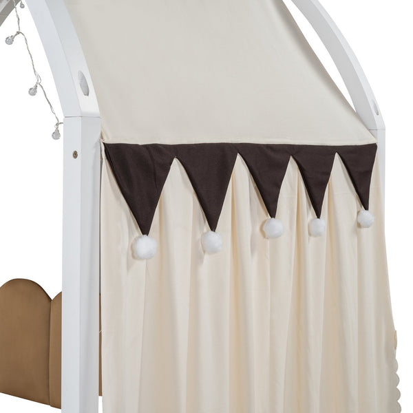 English Elm Twin Pinewood Ground-Level Canopy Bed with Arched Roof and Trundle for Kids—Whimsical, Sturdy Design White N820P181648K